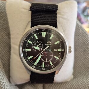 Orient Defender II Automatic Watch, Black Dial, Satin Silver Case, Nato Strap